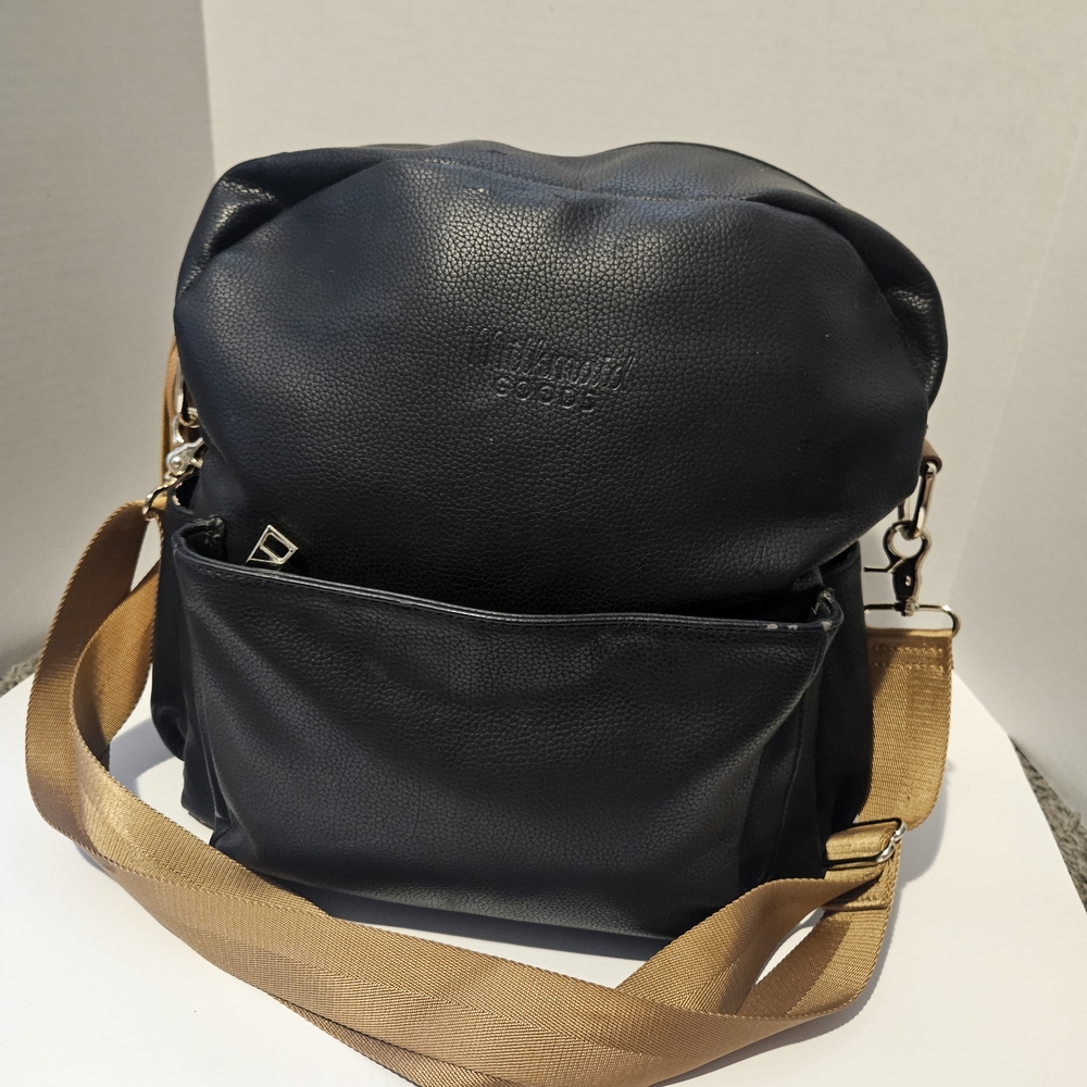Milkmaid Goods Black Leather Backpack with Tan Strap